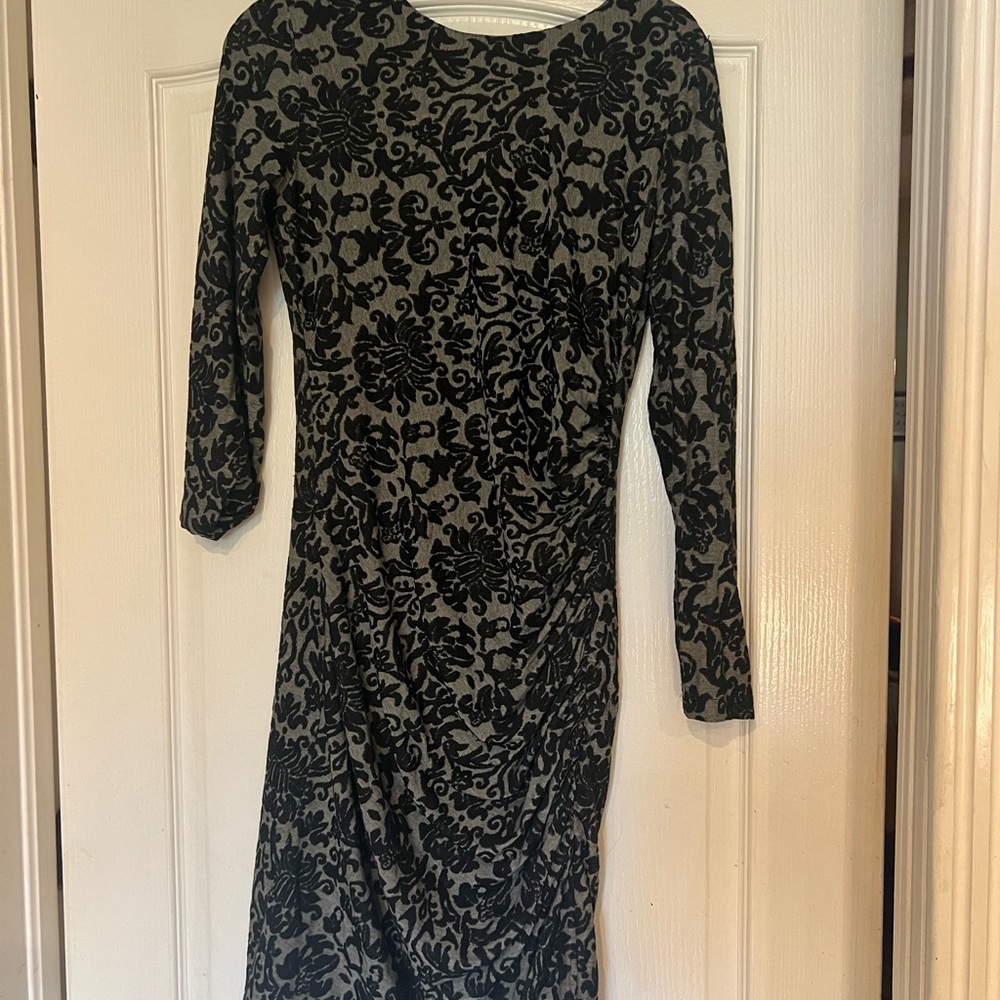 Ganni Elegant Black and Gray Patterned Long Sleeve Dress